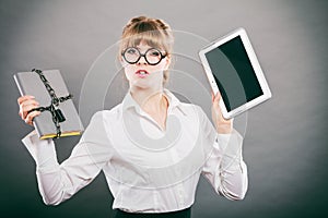 Woman with document and tablet. Digital storage.