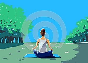 A woman does a yoga lotus pose in an early summer park surrounded by blue skies, trees, and grass. A woman meditating