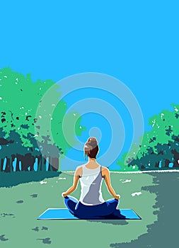 A woman does a yoga lotus pose in an early summer park surrounded by blue skies, trees, and grass. A woman meditating