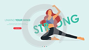 Woman does yoga pose or asana posture with STRONG word. Exercise, workout for yoga anywhere concept. Landing page template. photo