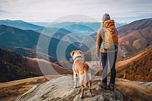 Woman and dog as they stand on the peak of a mountain. Generative AI