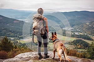 Woman and dog as they stand on the peak of a mountain. Generative AI