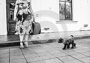 Woman, dog and bag. Black and white photography. Cropped image