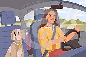 Woman with dog driving car, road trip