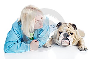 Woman with a dog english bulldog