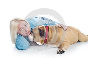 Woman with a dog english bulldog isolated