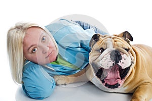 Woman with a dog english bulldog isolated