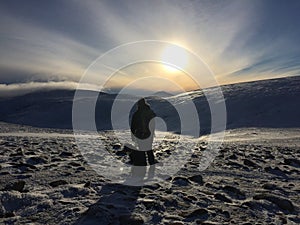 Woman and dog hiking in the mountains