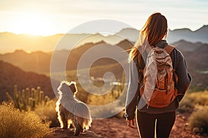 Woman and Dog Hiking in Mountains
