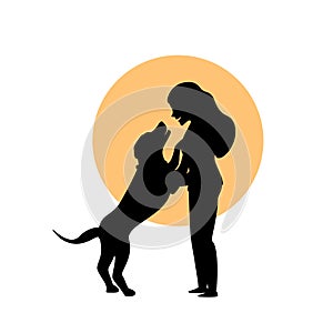 Woman and a dog hug cuddle cute silhouette