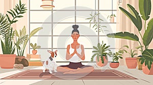 Woman and dog meditating together amidst indoor plants., AI Generated