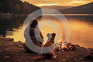 A woman and a dog near a fire near a river. A girl with a dog near a pond in the evening at sunset. Outdoors with a pet near the