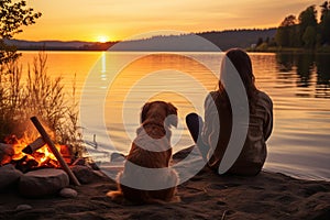 A woman and a dog near a fire near a river. A girl with a dog near a pond in the evening at sunset. Outdoors with a pet near the