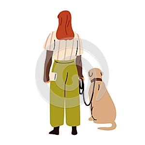 Woman, dog owner standing with doggy, sitting on leash, back view. Female character and puppy, canine animal from behind