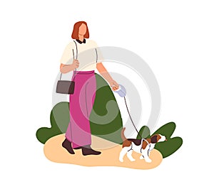 Woman, dog owner walking with puppy, leading it on leash. Girl going with doggy, strolling outdoors in nature. Female