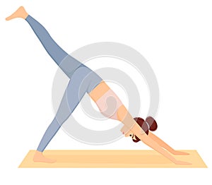 Woman in dog pose with leg up. Girl doing pilates and yoga exercises on mat. Workout, vector illustration