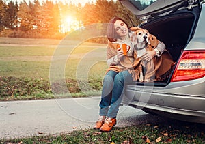 Woman with dog sit together in cat truck and warms hot tea