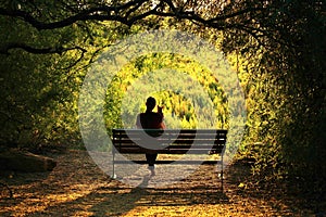 Woman with Dog Sitting on a Bench