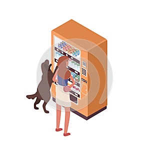 Woman and dog stand near vending machine vector isometric illustration. Female and pet choosing snack and drink isolated