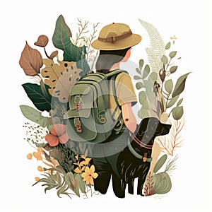 Woman is with dog. Tourist with a backpack is traveling. Beautiful colorful illustration. style. Generative AI
