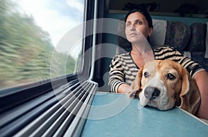 Woman with dog in the train wagon