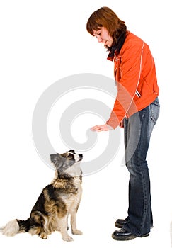 Woman is dog training