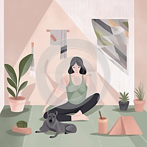 dog cartoon woman body sport fitness yoga lifestyle training home happy. Generative AI.