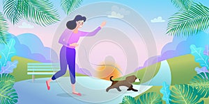 Woman with a dog walking along the park. Vector colorful illustration character in flat style.