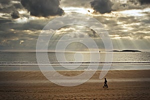 woman and a dog are walking in a cloudy day though the beach photo