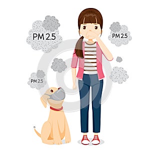 Woman And Dog Wearing Air Pollution Mask For Protect Dust PM2.5, PM10, Smoke, Smog