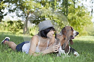 The woman with the dogs in the countryside