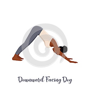 Woman doing Adho Mukha Schwanasana or Downward-facing dog Pose. Hatha yoga. Demonstrating exercise during gymnastics training