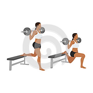 Woman doing Barbell bulgarian split squat exercise. Flat vector