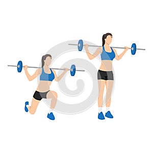 Woman doing Barbell lunges exercise.