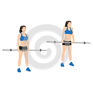 Woman doing Barbell shoulder shrugs exercise.