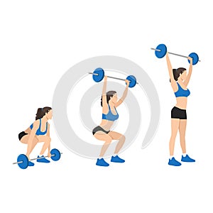 Woman doing barbell snatch exercise flat vector illustration
