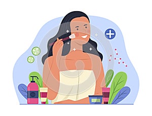 Woman Doing Beauty Skin Treatment and Applying Makeup on Face Concept Illustration