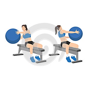 Woman doing Bench Swiss. exercise ball Russian twists exercise.