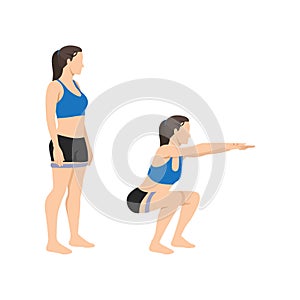 Woman doing bodyweight squat exercise. Flat vector