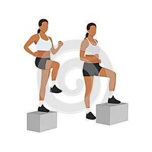 Woman doing Box step up exercise. Flat vector