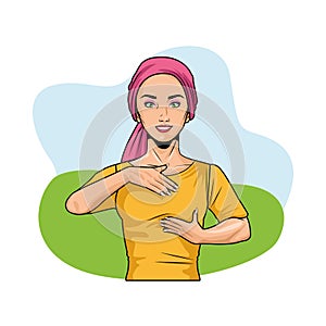 Woman doing breast self exam wearing head scarf pop art style