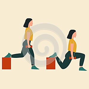 Woman doing bulgarian split squats. Illustrations of glute exercises and workouts. Flat vector illustration