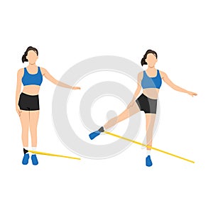 Woman doing Butt. cable standing abduction with long resistance band exercise