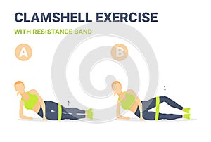 Woman Doing Clamshell with Resistance Band Exercise. Woman Hip Abduction With Rubber Loop.