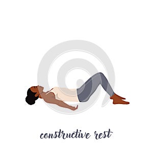 woman doing Constructive Rest Pose, Savasana Variation Bent Legs, Corpse Pose Variation Bent Legs