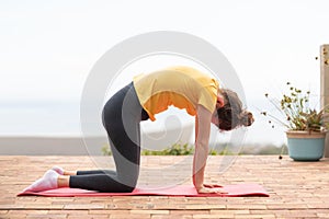 Woman doing cow yoga pose - Bitilasana