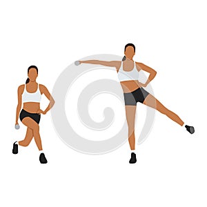 Woman doing Curtsy lunge side kick lateral raise exercise.