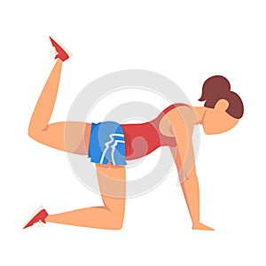 Woman Doing Donkey Kicks Exercise, Girl Doing Sports Firming her Body, Buttock Workout Vector Illustration on White