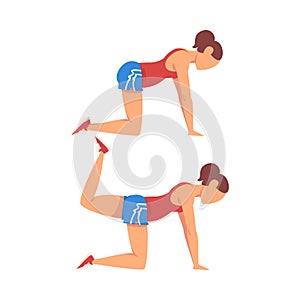Woman Doing Donkey Kicks Exercise in Two Steps, Girl Doing Sports Firming her Body, Buttock Workout Vector Illustration
