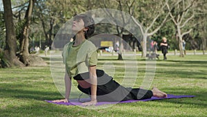 A woman doing the downward facing dog yoga position at park. Handheld
